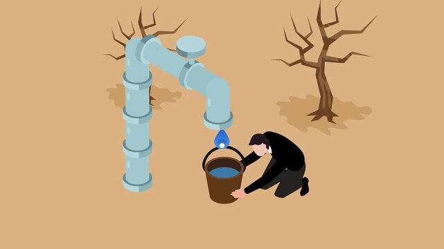 Businessman Collecting Water from Leaking Pipe in Dry Desert 3d animation cartoon