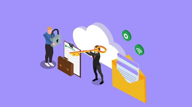 Data Security and Cloud Computing Concept with Business People Holding Key and Padlock 3d animation cartoon