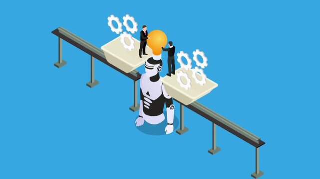 AI Robot Development Concept with Businessmen Managing Creative Ideas and Gears 3d animation cartoon