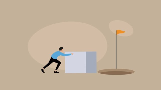 Businessman Pushing Large Cube Toward Goal Hole with Flag Success Concept cartoon animation