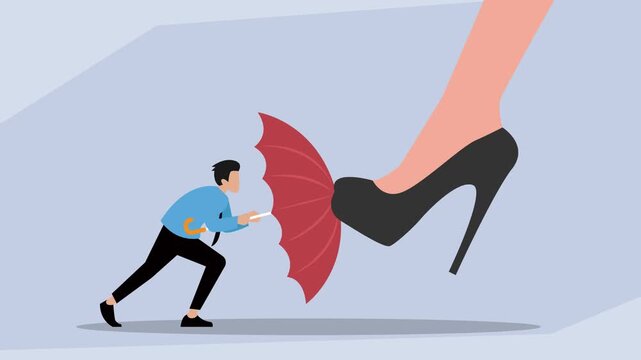 Businessman Protecting Himself from Giant High Heel with Umbrella cartoon animation