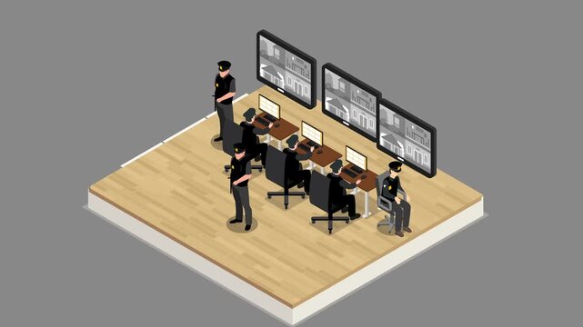 Security Personnel Monitoring CCTV Surveillance in Control Room 3d animation cartoon