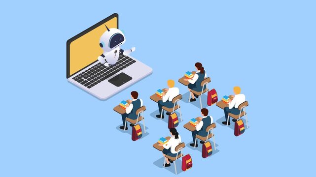 AI Robot Teacher Lecturing Students in Modern Isometric Classroom 3d animation cartoon
