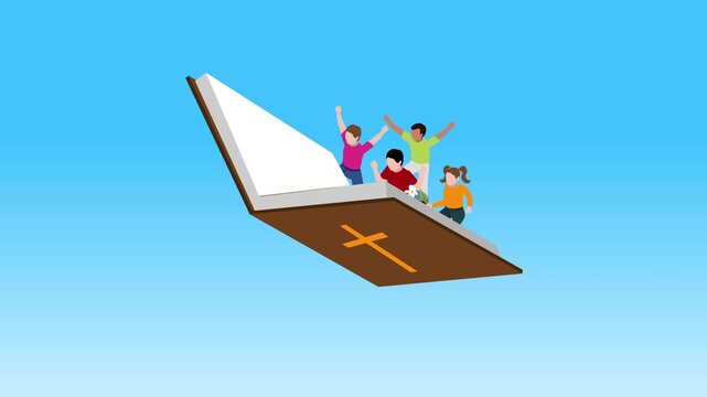 Diverse Group of Children Flying on a Giant Holy Bible 3d animation cartoon
