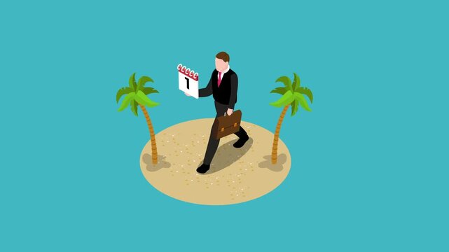 Businessman with Calendar Stranded on Desert Island Concept 3d animation cartoon