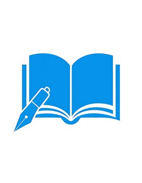 A blue icon of an open book with a fountain pen