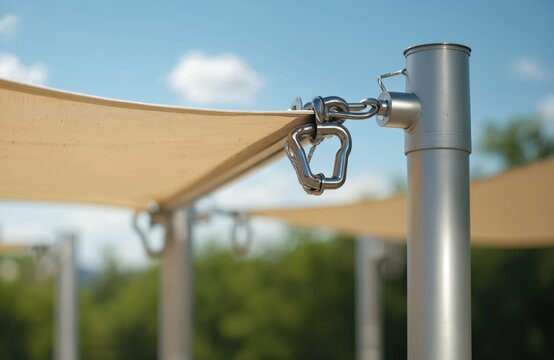 Metal turnbuckle secures fabric shade structure. Heavy duty carabiner links wire rope to steel pole. Outdoor canopy fastened tightly against blue sky.