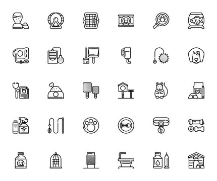 Pet Shop icon set. Minimal vector line icons. Includes symbols for dispenser, wheel, cage, dog food, parasite, fish bowl, leash, perfume, and more. Editable stroke.