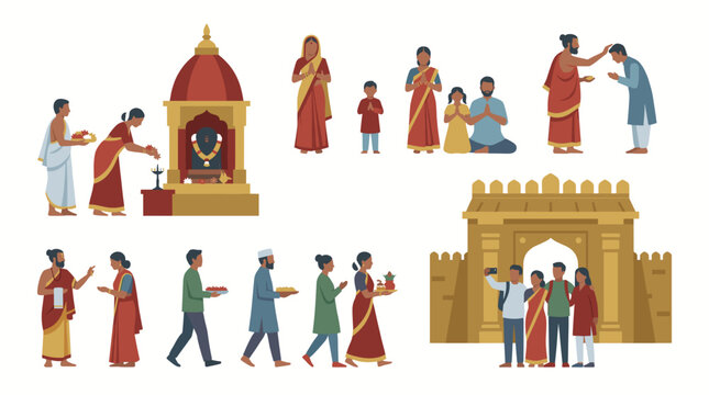 Colorful flat vector set of Indian devotees family and priest worshiping at holy shakti peeth temple gate.