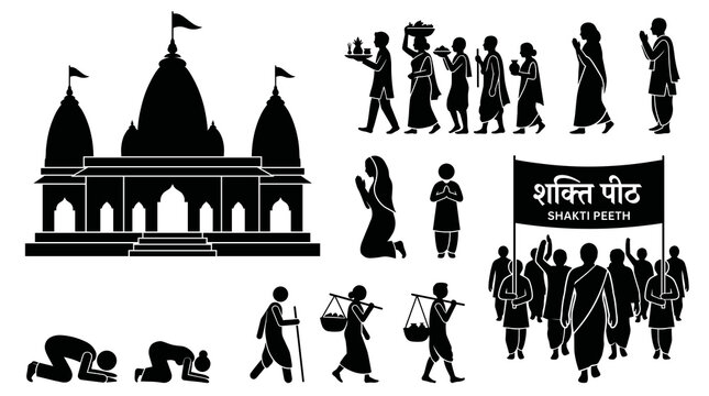 Black silhouette vector set of holy shakti peeth temple architecture and Indian devotees praying walking in pilgrimage procession.