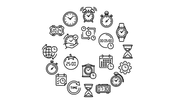 Modern time and stopwatch outline icons in circular layout editable stroke clock vector set