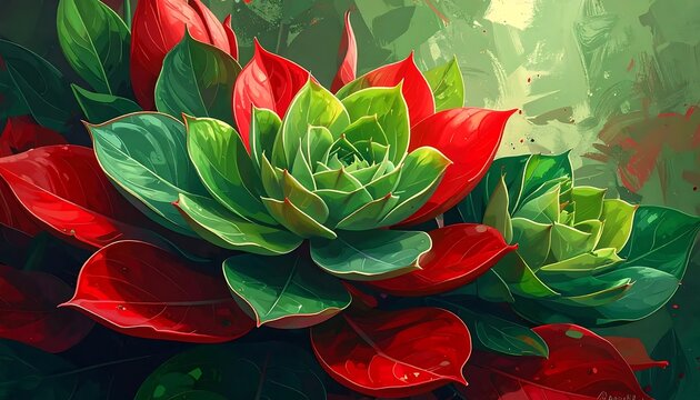 Vibrant Red And Green Succulent Plants Digital Illustration In Painterly Botanical Style With Lush Foliage And Vibrant Colors