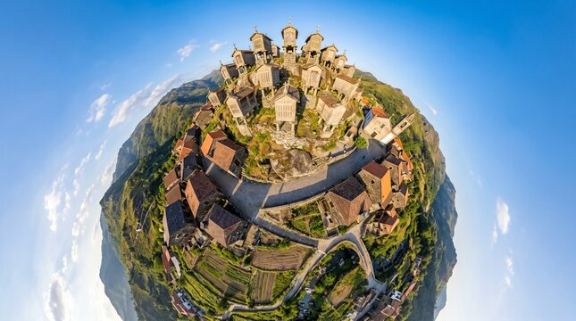 Pano-view of the historic granaries of Soajo, Portugal, on a sunny day