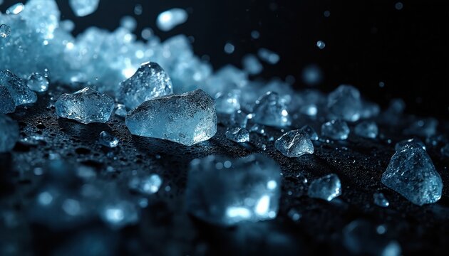 Cracked ice fragments scatter on dark surface. Sharp blue crystals refract light. Frozen particles fall, creating abstract winter texture. Cold, clear shards glisten in low light.