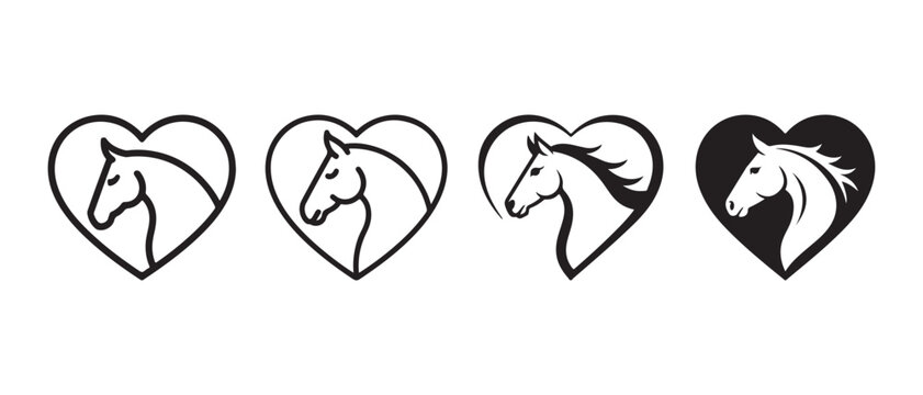 Horse Head Silhouette Inside Heart Shape, Set of Four Icons.