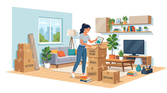 Woman moving into a new home with boxes and furniture unpacking