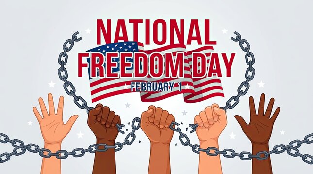 Diverse hands breaking chains to celebrate National Freedom Day with American flag