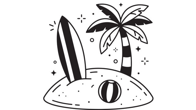 Surfboard with beach sand pile and tropical palm tree icon for summer vacation design poster featuring ocean, coastline, resort with holiday and