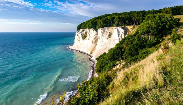 Scenic White Chalk Cliffs Of Ruegen Island Overlooking The Turquoise Baltic Sea Under A Blue With Lush Green Forest On The Coast Landscape
