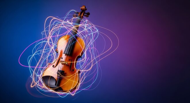 Dynamic blur of a classical violin with glowing spectral light trails, capturing intense musical energy and ethereal rhythmic movement, dark, artistic, background