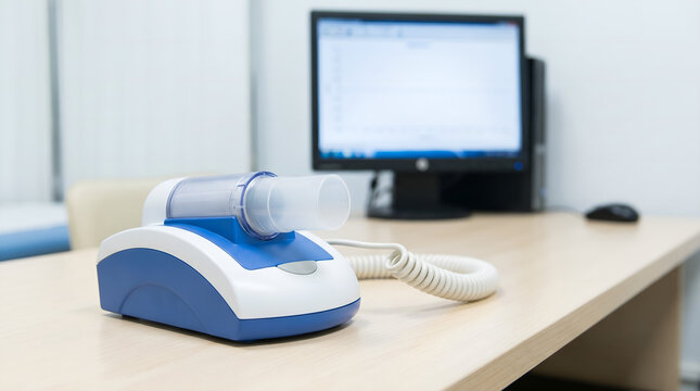 Medical spirometer device on a desk with computer in background, respiratory diagnostic tool
