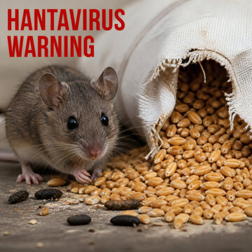 hantavirus warning rodent infestation pest control food storage danger close up grey mouse pests grain contamination disease transmission prevention risk stored food rodenticide damage