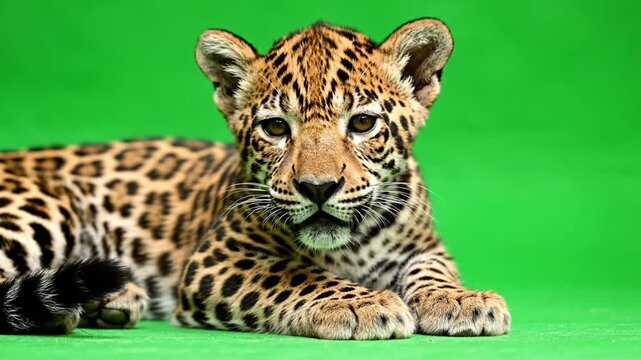 Adorable jaguar cub with spotted fur resting on a vibrant green background, looking directly at the camera.