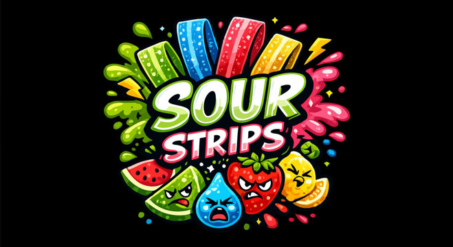 Sour Strips candy vector illustration, colorful gummy belt sweets with angry fruit characters, vibrant snack food typography on black background