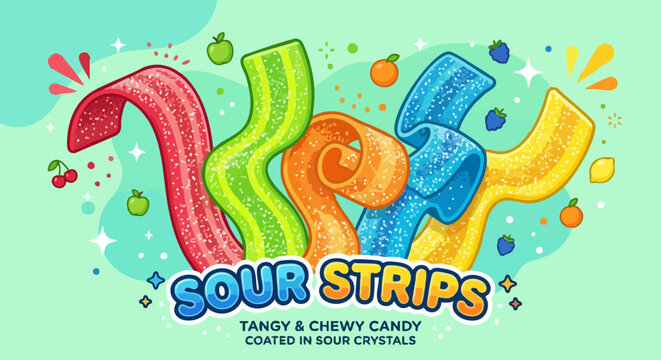 Colorful sour strips candy vector illustration, tangy chewy gummy ribbons with sugar coating, vibrant fruit flavored sweets poster design