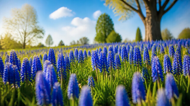 vibrant bluebells in sunlit meadow spring landscape photo golden hour floral scene serene nature renewal photography shallow depth of field grape hyacinths