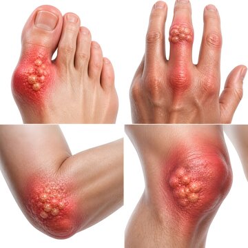 Close Up Illustration of Gout Symptoms in Different Parts of the Body Isolated on White Background