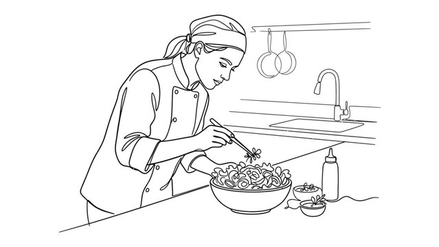 Woman preparing a salad in kitchen.