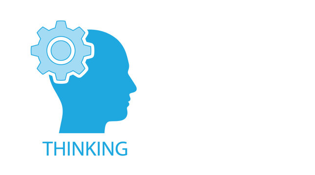 Vector graphic illustration of Blue thinking head icon with gear in brain Vector