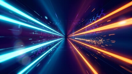 Obraz premium Vibrant blue and orange light streaks radiate outward in a futuristic tunnel.