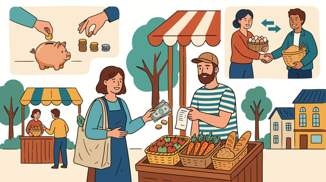 People engaging in local market transactions involving fresh produce, currency exchange, piggy banks, and the traditional concept of bartering goods