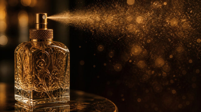 luxury perfume bottle with golden mist spray elegant fragrance photography crystal glass etched design sparkling particles bokeh background depth of field sophisticated beauty high end commercial