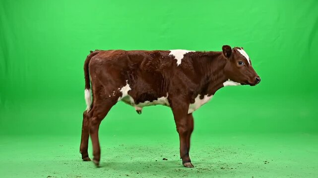A young brown and white calf standing against a vibrant green screen background in a studio setting.