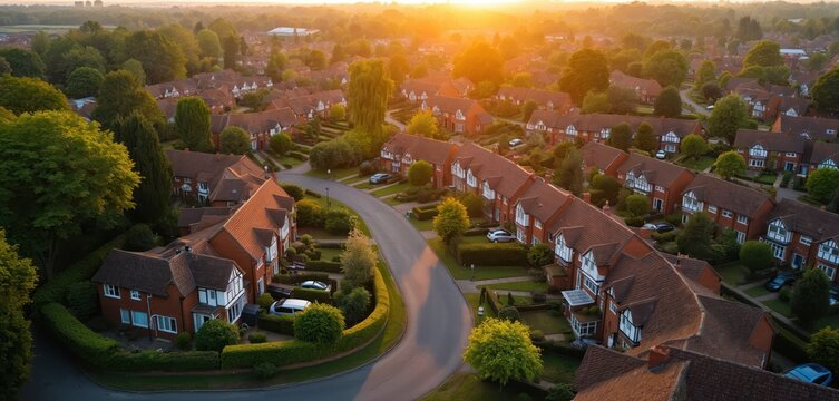 Aerial view of English suburb street at sunset. Houses with red roofs and green gardens line the road. Warm light bathes neighborhood architecture creating cozy atmosphere.