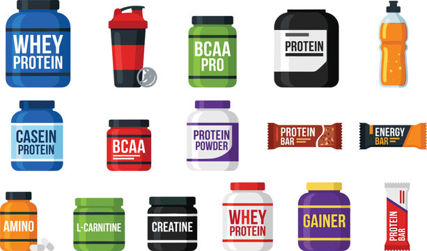 Minimalist Set of Health Supplement Icons Including Protein Powder, Energy Drinks, and Protein Bars for Fitness and Nutrition Design