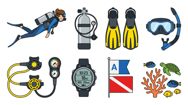 A collection of professional scuba diving equipment icons featuring a diver and various underwater accessories
