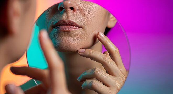 Fingers touching the lower face near the chin, examining the soft loss of skin elasticity and subtle sagging of the jawline in the mirror, jawline, face, daily
