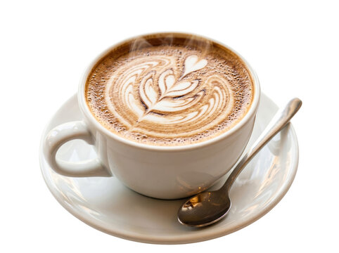 Cup of cappuccino with latte art on a white saucer with a spoon cappuccino beverage restaurant breakfast caffeine refreshment espresso isolated creative delicious fragrance stimulation