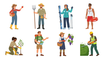 Fototapeta premium Collection of diverse professional characters representing various common occupations and seasonal activities for modern graphic design
