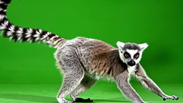 A ring-tailed lemur with a long striped tail stands on all fours against a vibrant green background, looking directly at the camera.