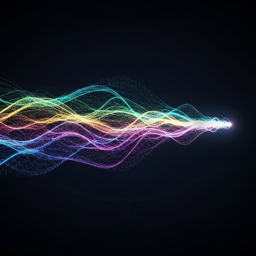 Luminous holographic streams represent memories and life events, creating a chronological display of a journey through time for observation, immersive, visualization, luminous