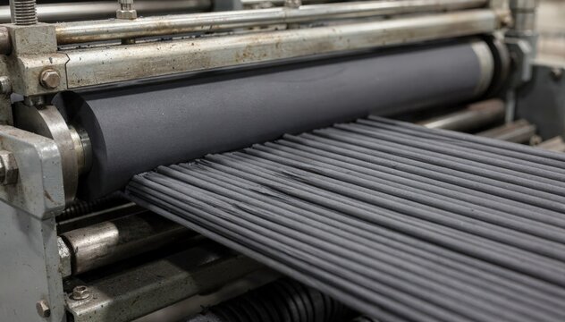 Medium shot capturing hard graphiteclay mixture extrusion into slender rods emphasizing rigidity and solid formation in raw pencil lead production.