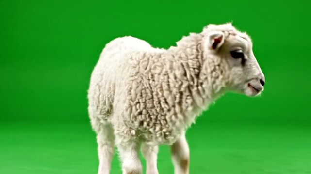 A fluffy white lamb standing on a vibrant green screen background, looking to the right with a gentle expression.