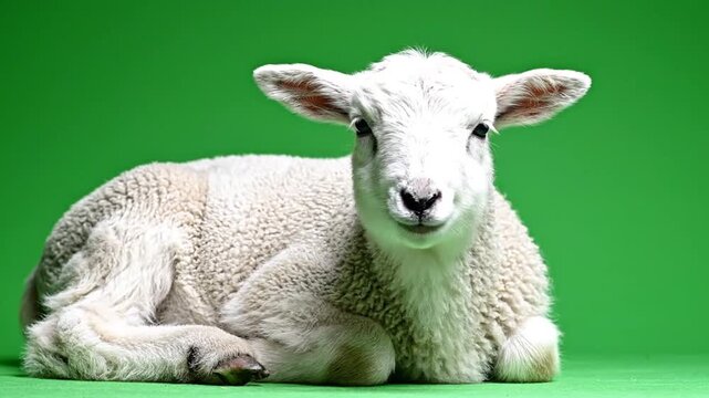 A cute white lamb lying down on a vibrant green background, looking directly at the camera with a gentle expression.