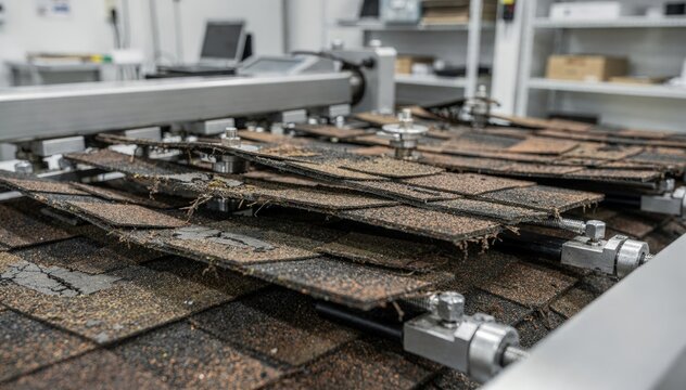 Laboratory scene showing medium shot of aged shingle samples undergoing tensile strength testing emphasizing durability assessment and material fatigue in the controlled