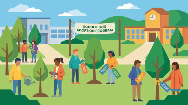Students participating in a school tree adoption program illustration